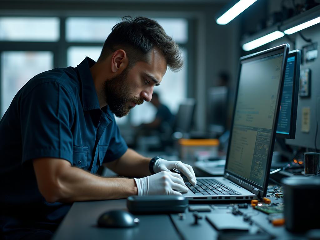 Инженер ремонтирует материнскую плату